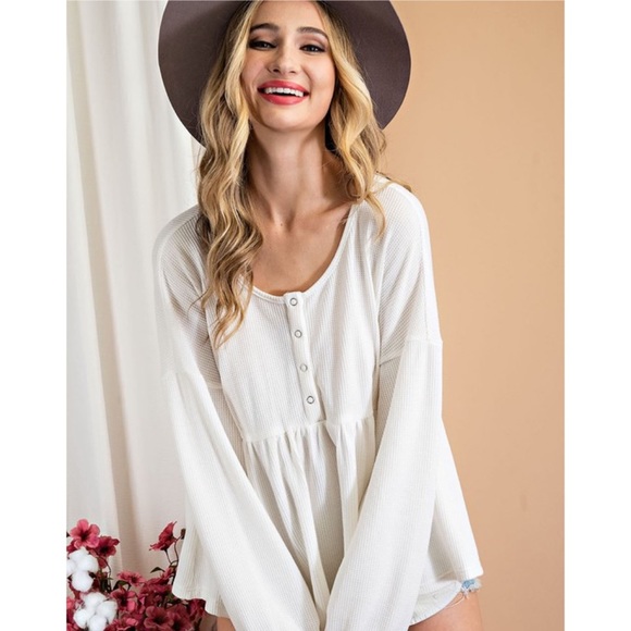 Fall Waffle Knit Top Henley Baby Doll Top Cute Tops Girly Feminine Women’s Top - Picture 3 of 5